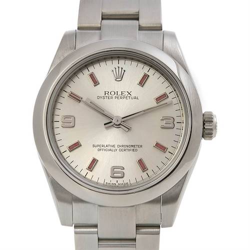 This image shows a frontal view of a Rolex Oyster Perpetual Mid-Size model watch, displaying the dial, bezel, and part of the bracelet.