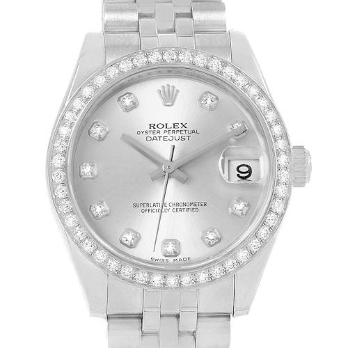 This image shows a front view of a Rolex Datejust Mid-Size watch, including its dial, bezel, and bracelet.