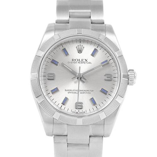 The image shows a front view of a Rolex Mid-Size 177210 Women's Stainless Steel Silver Dial 177210 Women's Stainless Steel Silver Dial Oyster Perpetual watch, highlighting the dial, bezel, hands, and bracelet.