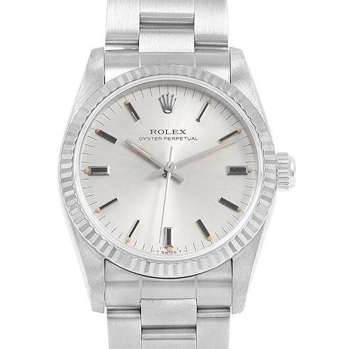 The image shows a front view of the Rolex Oyster Perpetual Mid-Size watch, featuring its dial, bezel, crown, and bracelet.