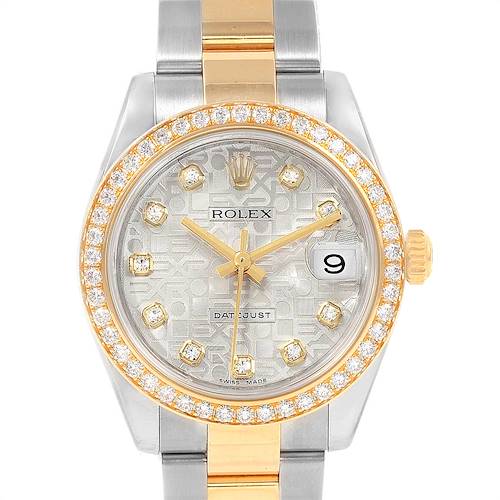 This image shows a front view of a Rolex Mid-Size 178383 Women's Steel and Gold (two tone) Silver Dial 178383 Women's Steel and Gold (two tone) Silver Dial Datejust watch, highlighting its dial, bezel, and part of the bracelet.