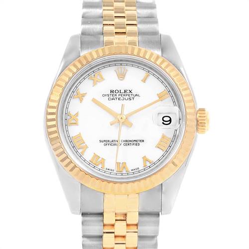 This image shows a frontal angle of a Mid-Size Rolex Datejust watch, highlighting its dial, fluted bezel, and two-tone bracelet.