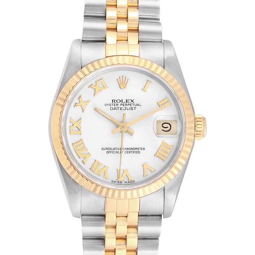 The image shows a front view of a Rolex Oyster Perpetual Datejust Mid-Size watch with a mixed gold and silver bracelet and white dial.