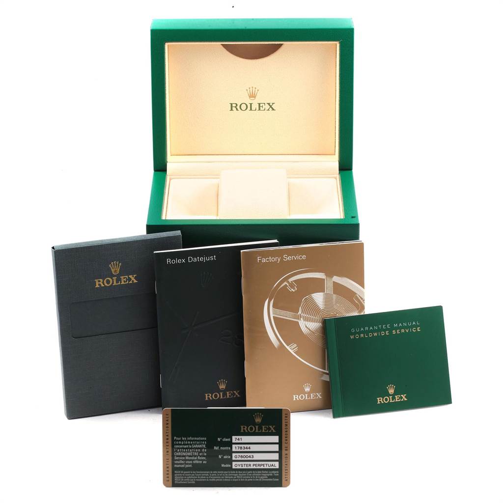 The image shows the packaging, manuals, and warranty card for a Rolex Mid-Size 178344 Women's Stainless Steel Brown Dial 178344 Women's Stainless Steel Brown Dial model, with a prominently displayed green box.