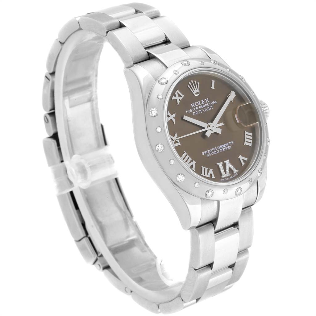 The image shows a three-quarter view of a Rolex Mid-Size 178344 Women's Stainless Steel Brown Dial 178344 Women's Stainless Steel Brown Dial Datejust, displaying its face, bezel, and bracelet.