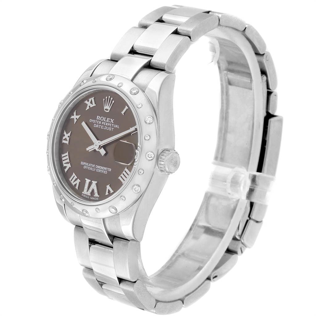 The image shows a mid-size Rolex Datejust watch at a slight angle, displaying the bracelet, case, bezel, and dial.
