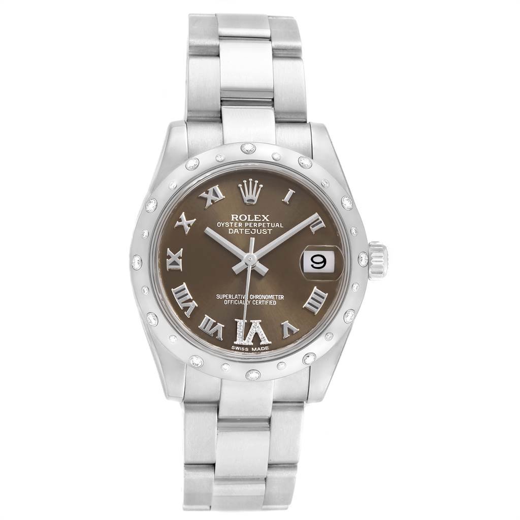 This image shows a frontal view of a Rolex Oyster Perpetual Datejust Mid-Size watch, featuring the dial, bezel, and strap.