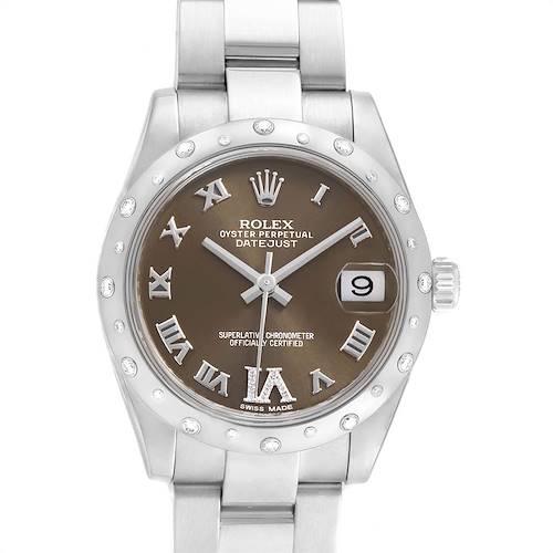 The image shows a top view of the Rolex Mid-Size 178344 Women's Stainless Steel Brown Dial 178344 Women's Stainless Steel Brown Dial Oyster Perpetual Datejust watch, displaying its dial, bezel, and part of the bracelet.