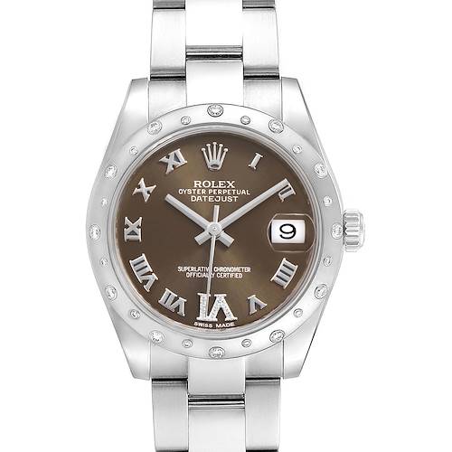 This image shows a front view of a Rolex Mid-Size 178344 Women's Stainless Steel Brown Dial 178344 Women's Stainless Steel Brown Dial Oyster Perpetual Datejust watch, displaying the dial, bezel, and bracelet.