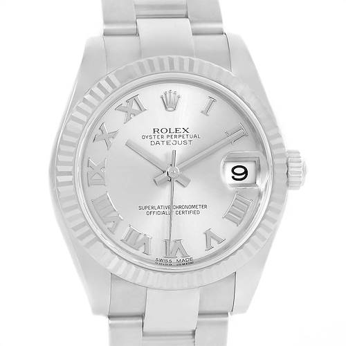 This image shows a front view of a Rolex Datejust Mid-Size watch, highlighting the dial, bezel, and bracelet.
