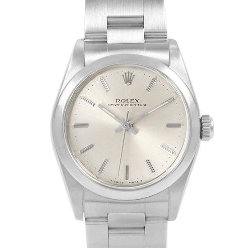 This Rolex Mid-Size 67480 Women's Stainless Steel Silver Dial 67480 Women's Stainless Steel Silver Dial Oyster Perpetual watch is shown from a front angle, displaying the dial, bezel, crown, and part of the bracelet.