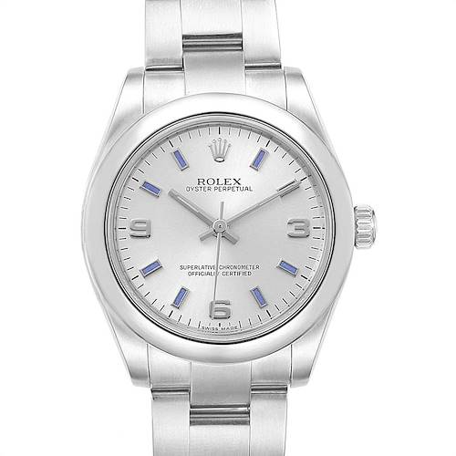 The image shows a front-view angle of the Rolex Mid-Size 177200 Women's Stainless Steel Silver Dial 177200 Women's Stainless Steel Silver Dial Oyster Perpetual watch, highlighting its dial, bezel, crown, and bracelet.