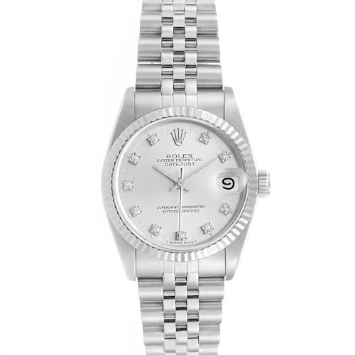 The Rolex Mid-Size 68274 Women's Stainless Steel Silver Dial 68274 Women's Stainless Steel Silver Dial Oyster Perpetual Datejust watch is shown face-on, highlighting the dial, bracelet, and fluted bezel.