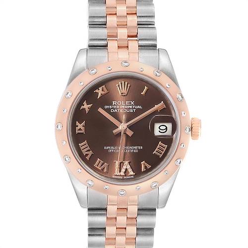 The image shows a front view of the Rolex Oyster Perpetual Datejust Mid-Size watch, highlighting the face, bezel, and bracelet.