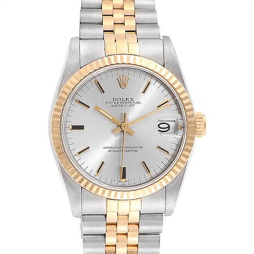 The image shows a front view of a Rolex Oyster Perpetual Datejust Mid-Size watch with a two-tone metal bracelet and a fluted bezel.