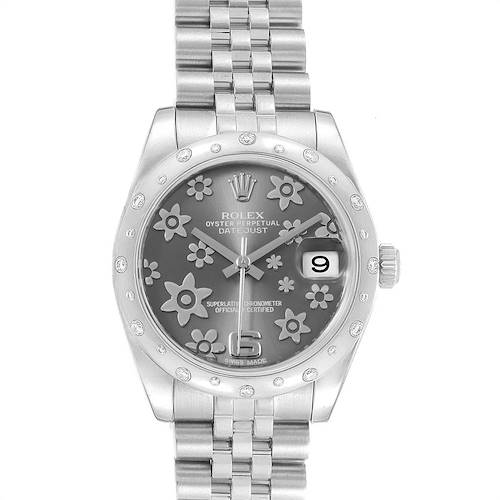 This Rolex Mid-Size 178344 Women's Stainless Steel Grey Dial 178344 Women's Stainless Steel Grey Dial Datejust watch is shown from the front, displaying the dial, bezel, bracelet, and crown.