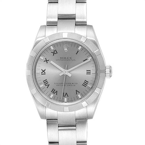 This image shows a front view of a Rolex Oyster Perpetual mid-size model, displaying its face, bezel, and bracelet.