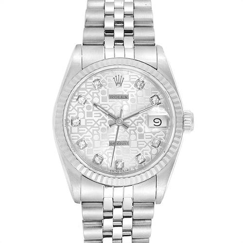 This image shows a Rolex Mid-Size 68274 Women's Stainless Steel Silver Dial 68274 Women's Stainless Steel Silver Dial model watch from a front view, highlighting its face, bracelet, and crown.