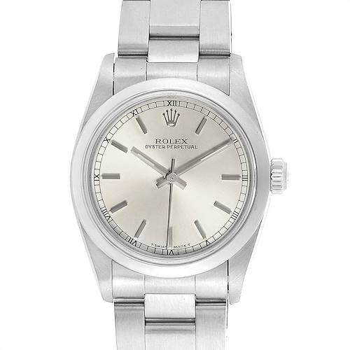 The image shows a front angle of a Rolex Oyster Perpetual Mid-Size watch, including the dial, bezel, and part of the bracelet.