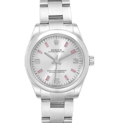 This Rolex Mid-Size 177200 Women's Stainless Steel Silver Dial 177200 Women's Stainless Steel Silver Dial Oyster Perpetual watch is viewed from the front, showing its face, bezel, and bracelet.