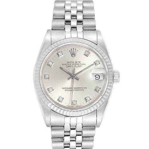 The image shows a front view of a Rolex Oyster Perpetual Datejust Mid-Size watch with a silver dial, diamond hour markers, and a Jubilee bracelet.