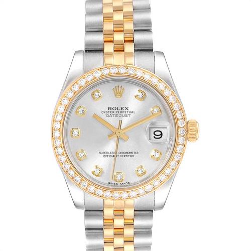 The image shows a front view of the Rolex Mid-Size 178383 Women's Steel and Gold (two tone) Silver Dial 178383 Women's Steel and Gold (two tone) Silver Dial Datejust watch, capturing the face, bezel, and bracelet.