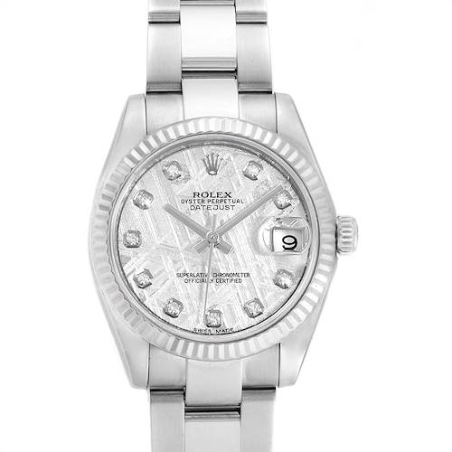 The image shows a frontal view of the Rolex Mid-Size 178274 Women's Stainless Steel Silver Dial 178274 Women's Stainless Steel Silver Dial Oyster Perpetual Datejust watch, highlighting its dial, bezel, and bracelet.