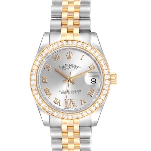 This image shows a front view of the Rolex Mid-Size 178383 Women's Steel and Gold (two tone) Silver Dial 178383 Women's Steel and Gold (two tone) Silver Dial Oyster Perpetual Datejust watch, including the dial, bezel, and bracelet.