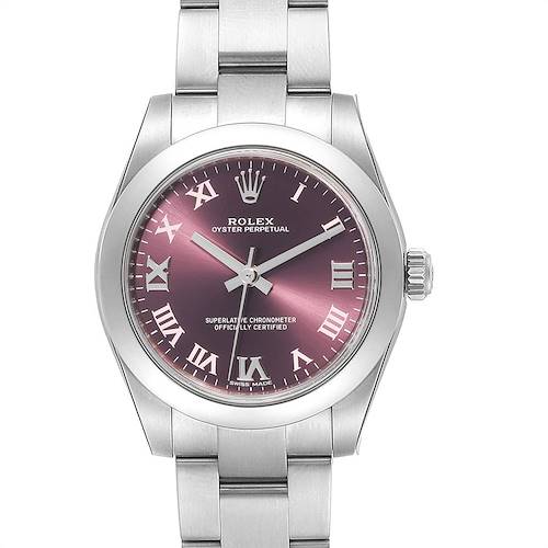 This Rolex Mid-Size 177200 Women's Stainless Steel Burgundy Dial 177200 Women's Stainless Steel Burgundy Dial Oyster Perpetual watch is shown from the front, displaying its purple dial and stainless steel bracelet.