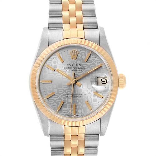 The image shows a frontal view of the Rolex Mid-Size 68273 Women's Steel and Gold (two tone) Silver Dial 68273 Women's Steel and Gold (two tone) Silver Dial Oyster Perpetual Datejust, highlighting its gold bezel, dial, and bracelet.