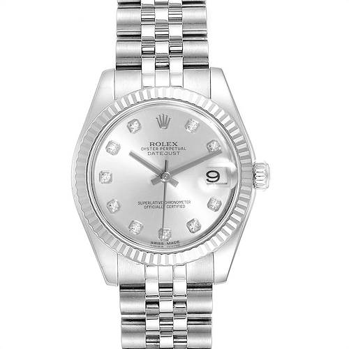 The image shows a front view of the Rolex Mid-Size 178274 Women's Stainless Steel Silver Dial 178274 Women's Stainless Steel Silver Dial Datejust watch, highlighting the dial, bezel, and bracelet.
