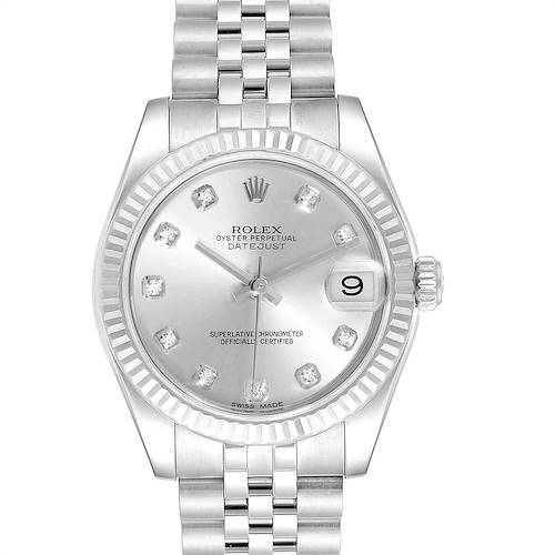 The image shows a front view of a Rolex Mid-Size 178274 Women's Stainless Steel Silver Dial 178274 Women's Stainless Steel Silver Dial Oyster Perpetual Datejust, highlighting the dial, bezel, and bracelet.