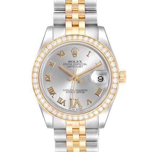 The image shows a front view of a Rolex Oyster Perpetual Datejust Mid-Size watch, highlighting the face, bezel, and bracelet.