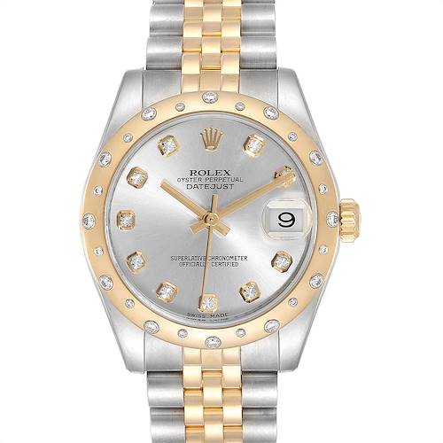 The image shows a front view of a Rolex Mid-Size 178343 Women's Steel and Gold (two tone) Silver Dial 178343 Women's Steel and Gold (two tone) Silver Dial Datejust watch featuring a two-tone bracelet and diamond-accented bezel and dial.