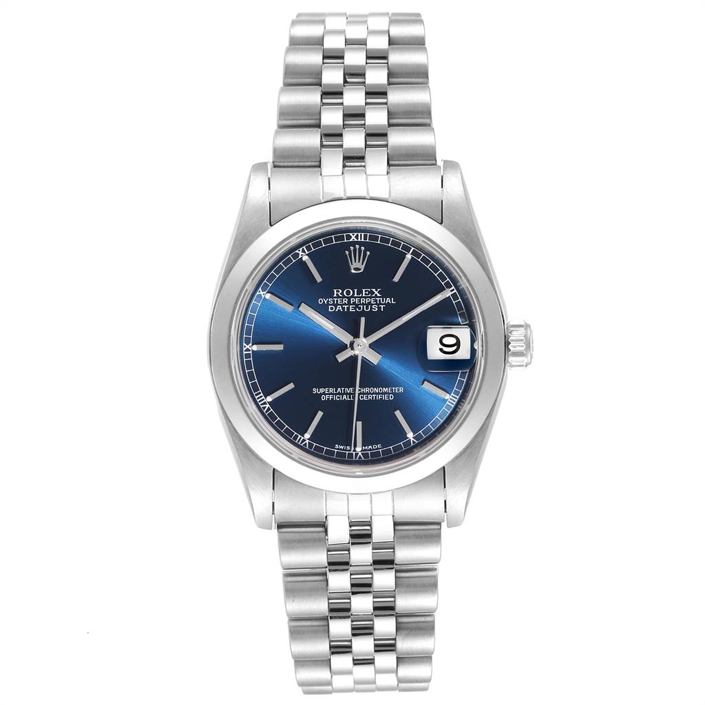 This Rolex Mid-Size 78240 Women's Stainless Steel Blue Dial 78240 Women's Stainless Steel Blue Dial watch is shown from the front, displaying its blue dial, date window, and stainless steel bracelet.