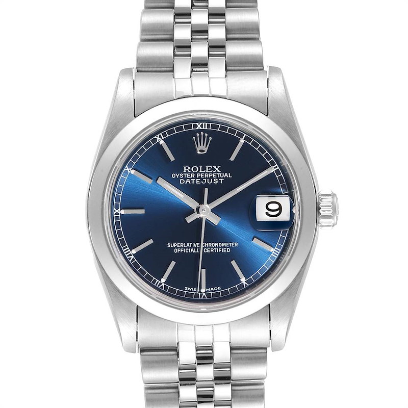 The Rolex Mid-Size 78240 Women's Stainless Steel Blue Dial 78240 Women's Stainless Steel Blue Dial Datejust watch is shown from a top view, highlighting its blue dial, bracelet, and date window.