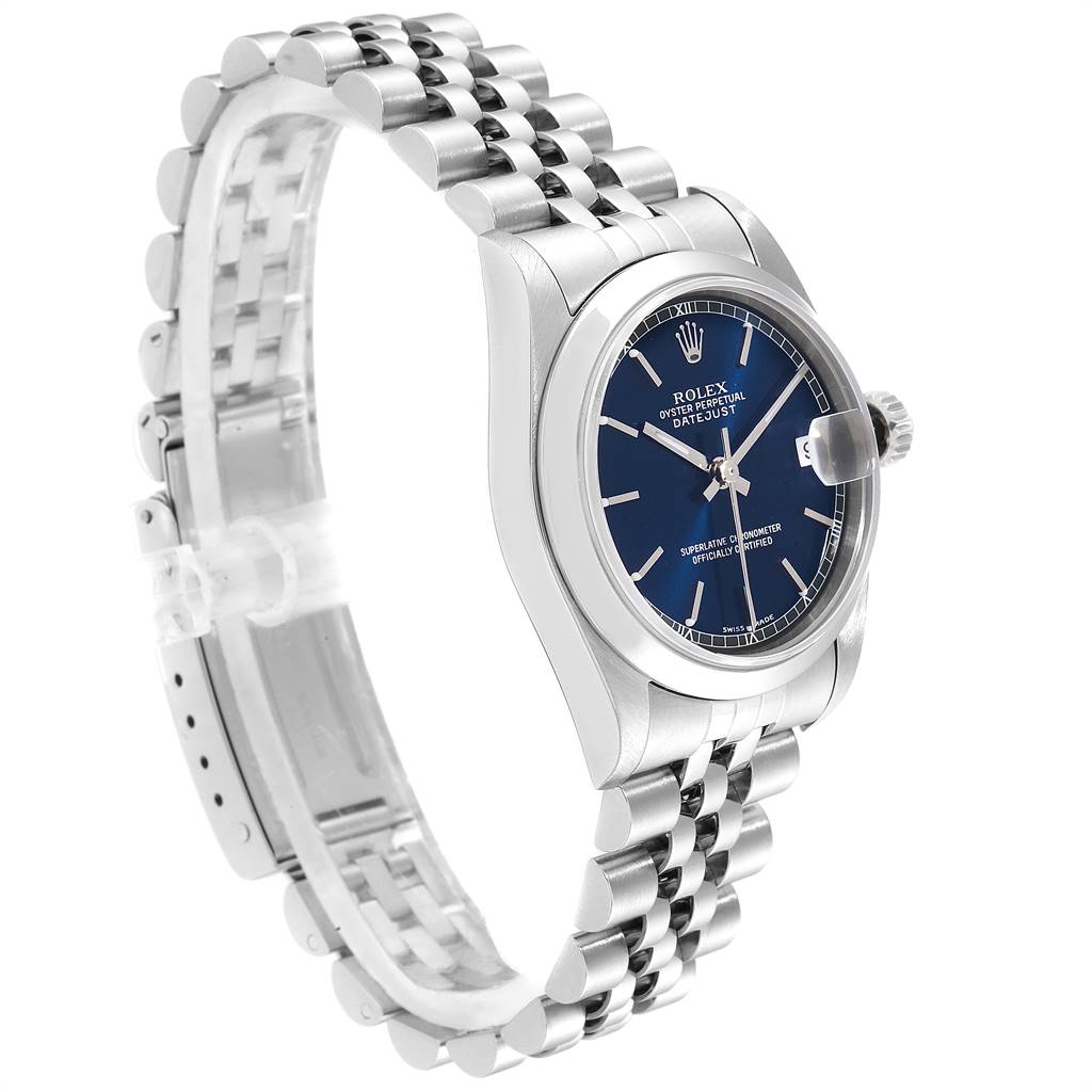 The image shows a side angle of a Rolex Mid-Size 78240 Women's Stainless Steel Blue Dial 78240 Women's Stainless Steel Blue Dial Datejust watch, highlighting the blue dial, stainless steel case, and jubilee bracelet.