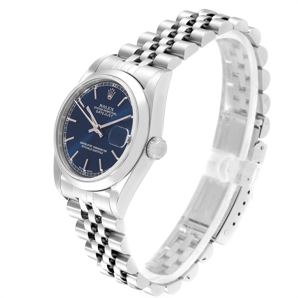 The image shows a Rolex Mid-Size 78240 Women's Stainless Steel Blue Dial 78240 Women's Stainless Steel Blue Dial Oyster Perpetual Datejust from an angled side view, displaying the watch face, case, and bracelet.