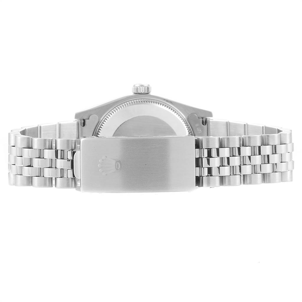 This image shows the backside and clasp of a mid-size Rolex watch, highlighting the bracelet and case back.