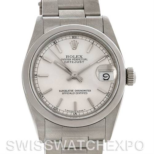 The image shows a front view of a Rolex Datejust Mid-Size watch, highlighting the dial, hands, date window, and part of the bracelet.