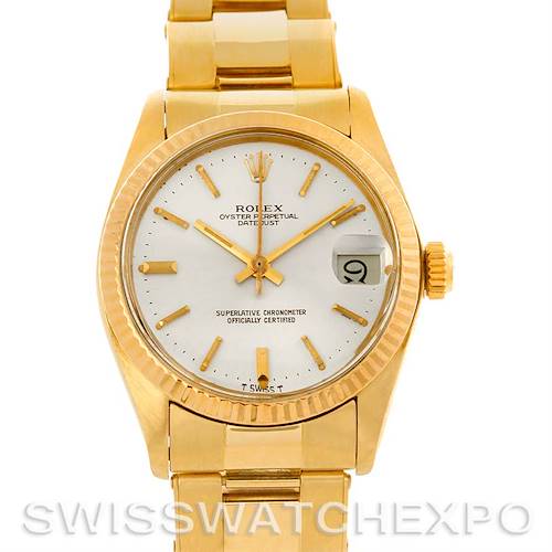 Front view of a Rolex Mid-Size 6827 Women's Yellow Gold Silver Dial 6827 Women's Yellow Gold Silver Dial Oyster Perpetual Datejust, showcasing the dial, bezel, crown, and bracelet.