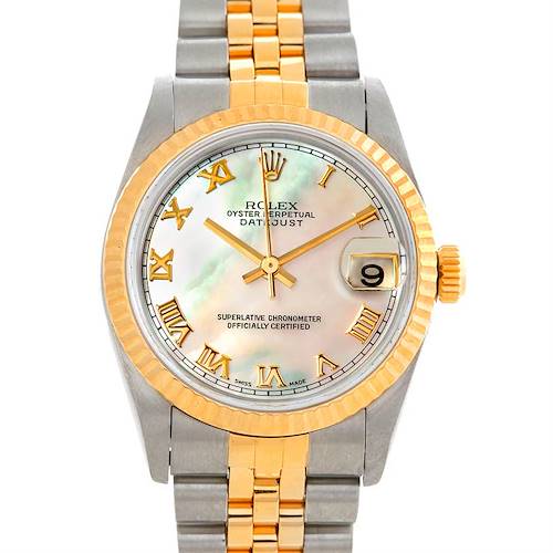 The Mid-Size Rolex Oyster Perpetual Datejust watch is shown from a top-down angle, highlighting its face and two-tone bracelet.