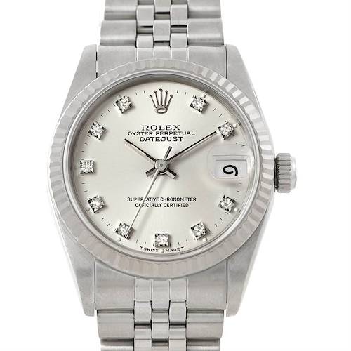 The image shows a front view of a Rolex Oyster Perpetual Datejust Mid-Size watch, focusing on the dial, bezel, and part of the bracelet.