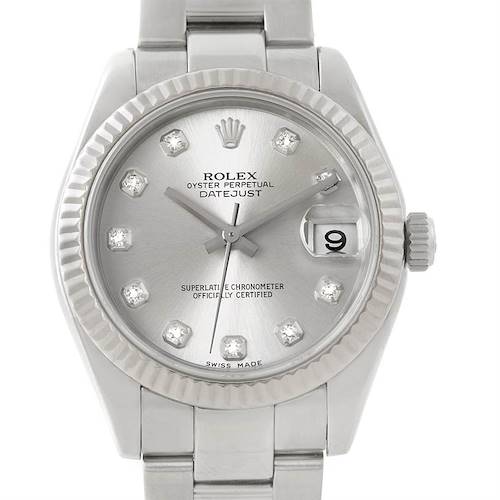 This image shows a front view of the Rolex Datejust Mid-Size watch, displaying the dial, hands, date, and part of the bracelet.