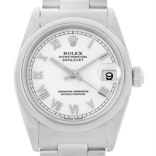 The image shows a front-facing view of a Rolex Datejust Mid-Size watch, featuring the dial, hands, and date window.
