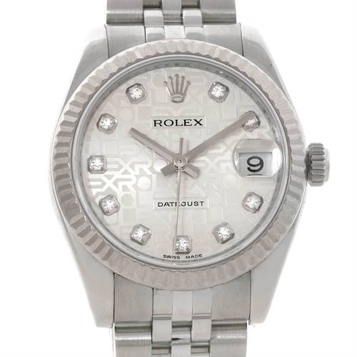The image shows a front angle of the Rolex Mid-Size 178274 Women's Stainless Steel Silver Dial 178274 Women's Stainless Steel Silver Dial Datejust watch, highlighting the dial, bezel, and part of the bracelet.