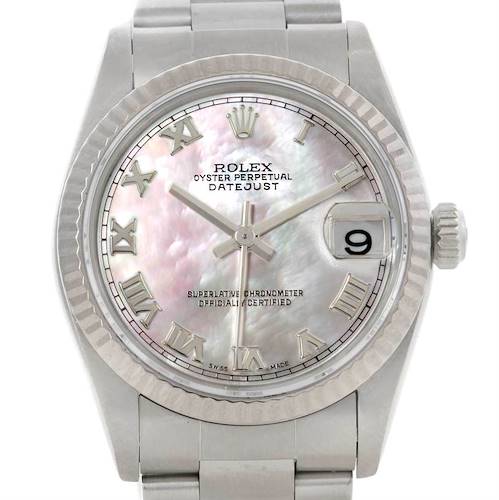 The image shows a front view of a Rolex Oyster Perpetual Datejust Mid-Size watch, focusing on the dial, bezel, and bracelet.
