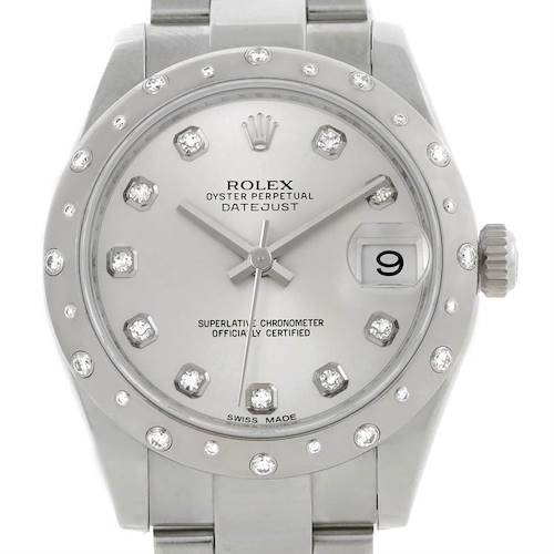 This is a front view of the Rolex Oyster Perpetual Datejust Mid-Size watch, showcasing its dial, bezel, and bracelet.