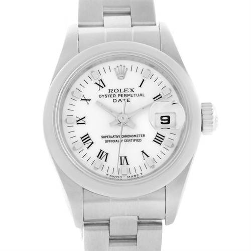 The image shows a front view of a Rolex Oyster Perpetual Date watch, highlighting the dial, case, bracelet, and date window.