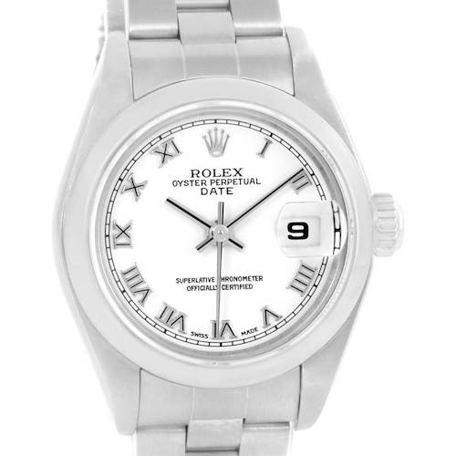 This image shows a front view of a Rolex Oyster Perpetual Date watch, highlighting the dial, hands, crown, and part of the bracelet.